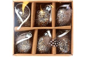 Gisela Graham Easter Egg Decration Pack 6 Gold Speckled/Natural Feather - 14 x 4cm