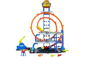 Hot Wheels Conjunto de Pista con helicóptero y Coche metálico, Tres Niveles de Juego, Dos loopings, Almacenamiento para 37 Coches a Escala 1:64 y adaptadores Speed Snap, JLC05