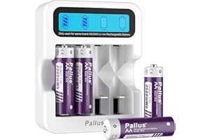 PALLUS Rechargeable AA Lithium Batteries, High Capacity 3500mWh, 2 H Fast Charge with 4-Slot LCD Charger, Double A Rechargeable Batteries, 1500+ Cycles, for Controls, Toys, Microphones, Camera (4 Pack)
