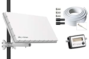 sky vision Flat HQ Twin Satelliten Flachantenne für 2 Teilnehmer inkl. Wand- + Masthalterung + SATFINDER + 20m Kabel + Zubehör. Camping Set. Beste Empfangswerte für HD, Full HD, 4K UHD, 8K TV