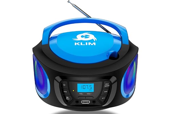 KLIM Boombox Poste Radio CD -Radio FM, Poste CD Bluetooth, MP3, USB, AUX - Piles Rechargeable Incluses - Modes Filaire et sans Fil - Compact et Robuste Lecteur CD Portable- Bleu