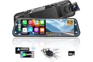 Alpinetech Rückfahrkamera Spiegel mit Wireless CarPlay Android Auto, 9,66 Zoll 2,5K Dashcam Spiegel mit Einparkhilfe Loop-Aufnahme Bluetooth AUX 64G SD-Karte HD Touchscreen, Schwarz