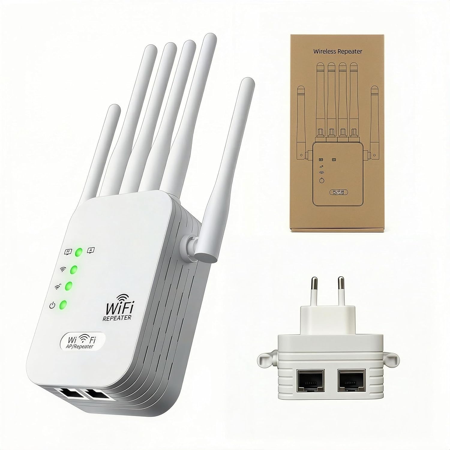 Amplificador Señal WiFi con 6 Alta Ganancia Antenas Repetidor WiFi Largo Alcance con 300Mbps WiFi Extender 2 Puertos LAN Cobertura hasta 400 m² Instalación Acción Router/Ap Modos para hogar Oficina