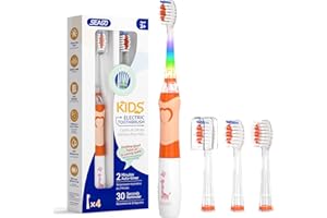 Cepillo electrico infantil, Seago Cepillo de dientes infantil con luz de colores, 4 cabezal de recambio extra suaves, Temporizador de 2 minutos, Apto para niños mayores de 3 años SG977 (Naranja)