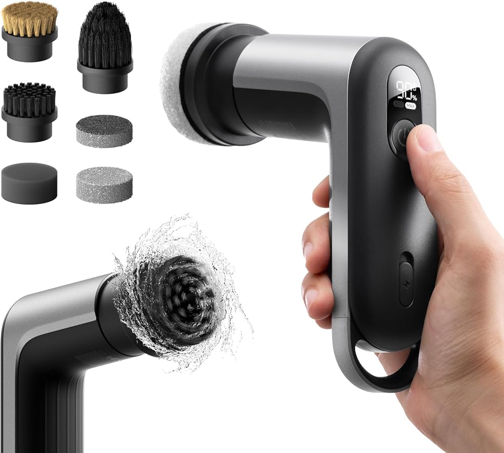 HOTO Grip Akülü Elektrikli Spin Scrubber, IPX7 Su Geçirmez, Hafif 0,3 kg ve 6 Fırça Başlığı, Banyo, Mutfak, Fayans, Duş için Güçlü Temizleme Temizleyici