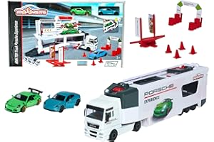 Majorette - Camion Porsche Truck Experience cm 27 + 2 Auto in Icala 1:64 in Die Cast, Inclusi Accessori, + 3 Anni, 212053304