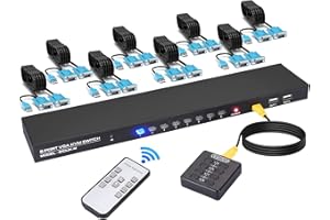 VGA KVM Switch 8 in 1 out, DGODRT KVM VGA Selector 8 port for 8 Computers Sharing 1 Monitor and 4 USB 2.0 Devices Keyboard Mouse Printer, 8 KVM Cables included + Wired Desktop Selector