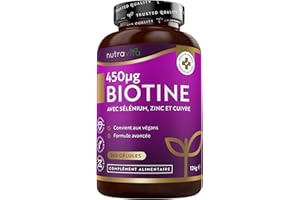 Biotine avec Selenium Zinc et Cuivre pour 1 An de Cure, Complément Alimentaire Cheveux Peau et Ongles - Biotine Cheveux Végane - Vitamine Cheveux - Nutravita