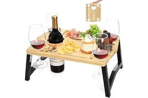 YOUEON Bamboo & Iron Foldable Wine Picnic Table, 5-Cup Holders Charcuterie Board, Small Snack Cheese Tray for Outdoor Picnic, Beach, Camping, Park (41x30.5x17.5cm)