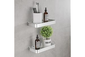 HANFU Estanteria Baño, Estante Ducha Sin Taladro de Estanteria Ducha Aluminio y Bandeja Rectangular de Vidrio, Ducha Cesta Autoadhesivo Montado Pared Organizador Estantería Baño 25cm 2 Piezas, Plata