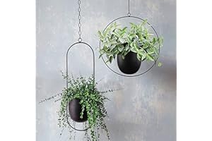 ARSBORUI Hängend Blumenampel Metall Blumentopf Schwarz Pflanzenampel Modern Deko Hängeblumentopf Hängeampel für Innen Außen Decken Balkone Wanddekoration (Rund+Oval)