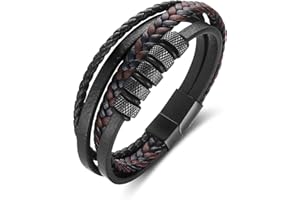 Gkmamrg Prezenty bożonarodzeniowe dla mężczyzn bransoletka męska prezent dla mężczyzn – bransoletka ze skóry męskiej czarna bransoletka – pleciona prawdziwa skóra, szeroka bransoletka owijana z