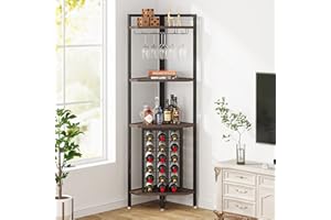 Tribesigns Corner Wine Rack with Glass Holder and Storage Shelves,4 Tier Corner Bar Freestanding Floor Wine Rack, Industrial Corner Shelf for Living Room, Dining Room,Kitchen