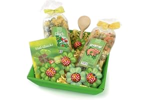 ‎BULL & BEAR Bull & Bear Geschenkkorb "Glück", Buntes Motivnudelset, Glücksschwein und Glücksklee, jeweils 250g mit Kochlöffel & Glückskleesamen, Geschenkset für Geburtstag