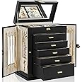 AKOZLIN Jewelry Box 6-Tier Organizer Functional 360° Rotating Jewelry Storage Case for Women Girls Ring Necklace Earring Bracelet Holder with Mirror
