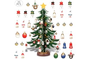 YiYa Mini Holz Tischplatte Weihnachtsbaum Weihnachtsspielzeug Set mit 30 Mini Weihnachtsschmuck und 1 Stern Baumkrone für Weihnachtsdekoration Tischdekoration (L)