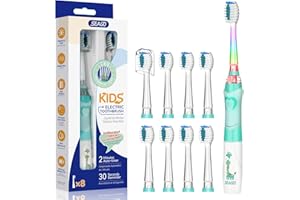 Seago Elektryczna szczoteczka do zębów dla dzieci, 3-5-6-12, małe szczoteczki do zębów z timerem, kolorowe tęczowe światło LED i 4 głowice, dla młodszych chłopców, dziewcząt, zasilana bateriami