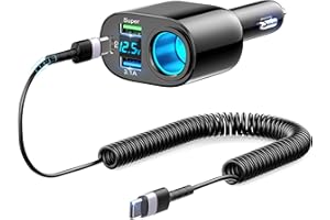 ROCKETEK USB C Car Charger Adapter 111W Cigarette Lighter Adapter with Coiled USB-C Cable, 1 Socket Cigarette Lighter Splitter with Dual USB &PD30W Multi Port Type C Car Charger for iPhone/Samsung/GPS/Dash Cam