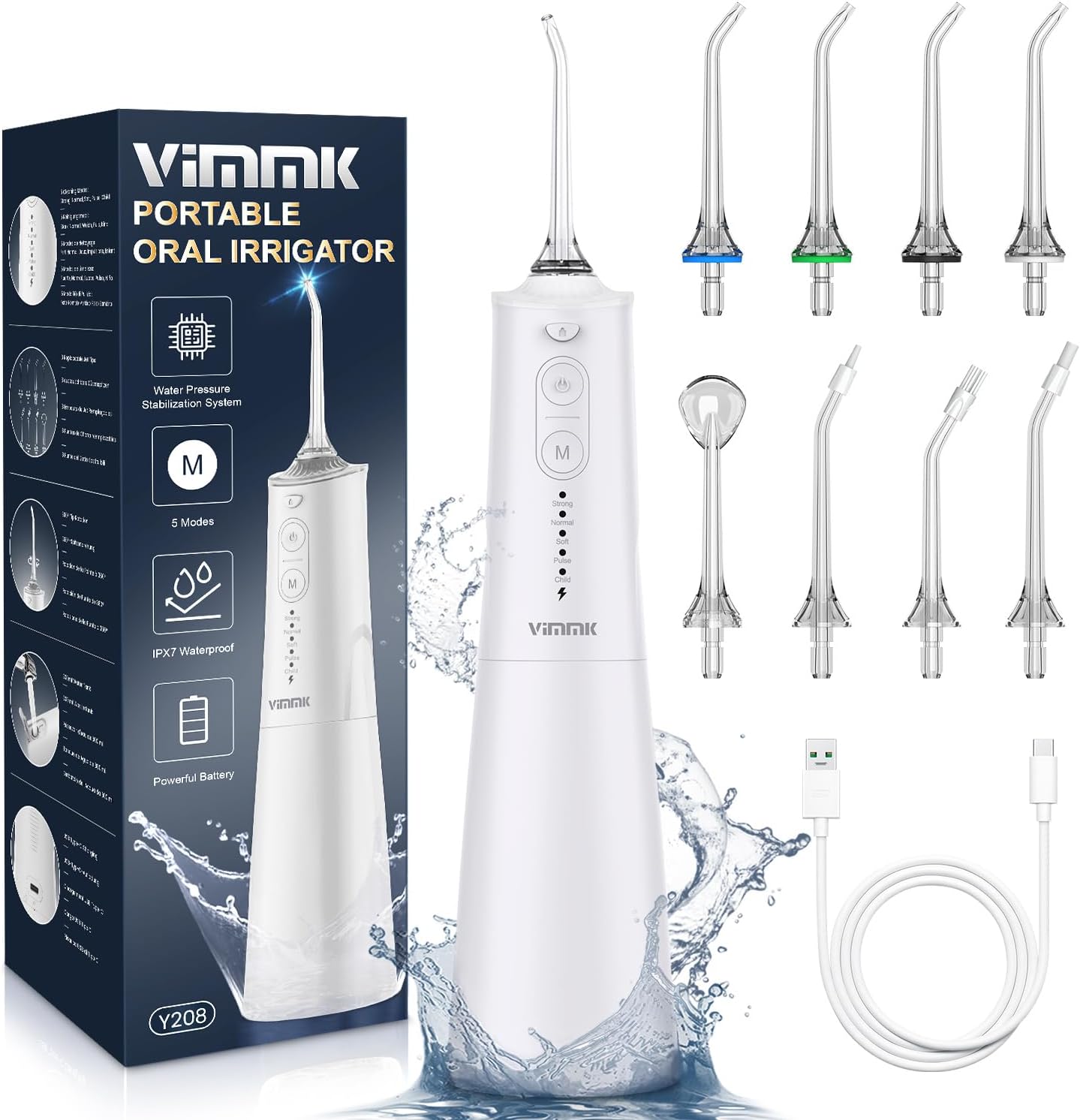Irrigador Bucal Portatil, Vimmk Irrigador Dental Inalámbrico Profesional 8 Boquillas 5 Modos, IPX7 Impermeable 300ML USB-C Recargable Para Limpieza Dientes, Para el Hogar y los Viajes (Blanco)
