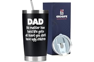 Grogife Father Day Gifts from Daughter Son, Best Father's Birthday Presents, Funny Travel Mug with Straws Lid for Daddy, Men, Stepdad, Husband 600ml