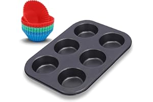 Euroxanty - Stampo per muffin e cupcake, teglia da forno, in acciaio al carbonio, antiaderente, con pirottini in silicone, stampo da 6 + 6