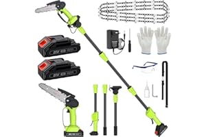 KOOLWAVE Motosega a Batteria con Asta 1.8M, Sega Elettrica Telescopica & Motosega 6" 2 in 1 per Potature per Taglio Del Legno, Alberi e Giardini, Con Guanti, Occhiali Protettivi, 4 Catene, 2 Batterie 4000 mAh