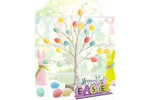 KALAHOL 2024 Easter Egg Tree Lights with “Happy Easter” Ornaments Decorations, White Twig Tree with Timer, Easter Gifts for Kids, Easter Crafts for Home and Party, 60CM Tall (Battery or USB)