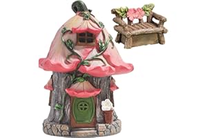 Porgeel - Rosa Miniaturfee und Feenhaus-Skulptur aus Harz - Wasserdichtes Bauernhaus für Zuhause und Außenbereich - Entzückendes Feenhaus Kit mit Stuhl für Kinder und Erwachsene - Alle Jahreszeiten