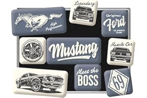 Nostalgic-Art Retro magnesy na lodówkę, 9 sztuk, Ford Mustang – The Boss – Pomysł na prezent dla miłośników Forda, Official License Product (OLP), zestaw magnesów, Styl vintage