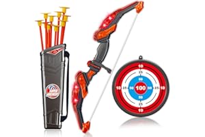 Doloowee Arco e Freccia per Bambini Giocattoli con Luce LED - Il Set Tiro con L'Arco Include 1 Arco, 8 Frecce a Ventose, Bersaglio con Faretra a Spalla Strappata Giocattoli per Interni ed Esterni
