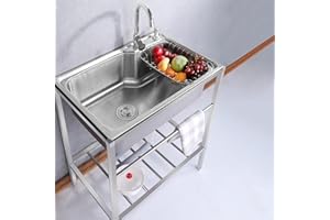 KUKIXO Spüle Edelstahl,Edelstahl Waschbecken für den Außenbereich,Outdoor Garage Garten Camping Keller Ausgussbecken mit Backsplash Abfluss Sieb,Spülbecken mit Warm Kaltwasserhahn (Color : Hot and Cold, S