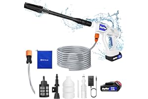 HUINI Hidrolimpiadora de Alta Presión Portátil con 12bares/174PSI, 21V, batería 1x1500mah, boquilla ajustable180°y manguera de 5m,jabón Boquilla,para lavar coches,limpiar y regar flores