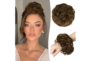 RUWISS Moños Postizos 100% Pelo Humano Postizos de Pelo Rizado Ondulado Extensiones de Cabello Real Moño de Pelo Desordenado Postizos para Mujer(Castaño Dorado con Reflejos Rubios Dorados Claros)