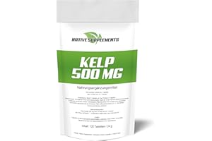 ‎NATIVE SUPPLEMENTS Kelp Extrakt 500 mg + 150 µg Jod Vorrat Tabletten Komplex Hochdosiert Nur EINE Tablette pro Tag Premium Seealgen Algen Braunalgen Pulver vegan Multi Vitamin C B B12 A E (120 Stück XL Rabatt)