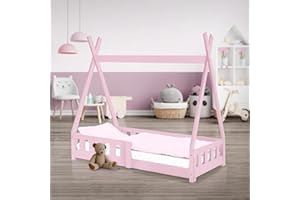 ML DESIGN MODERN LIVING ML-Design Cama Infantil Tipi 70x140 cm con Protección Anticaída y Somier Estructura Listones de Madera de Pino Maciza Color Rosa Forma de Casa Mobiliario Juego Tienda de Campaña para Niños