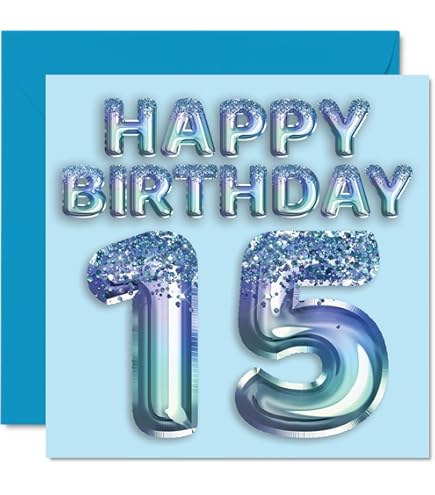 15th Birthday Card For Boys - Black & Gold Glitter Balloons - Happy