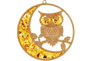 ‎YOUR CASTLE Fensterbild Fensterdeko Sonnenfänger groß Suncatcher Bernstein in Birkenholz "Eule & Mond" Ø 20, inkl. Saugnapfhaken 35mm