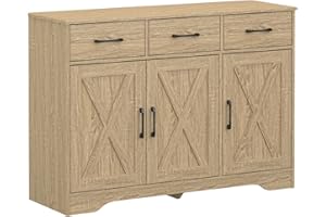Panana Wooden Sideboard 3 Drawers 3 Doors Entryway Dining Room Console Living Room Storage Farmhouse Sideboard Cabinet (Oak)