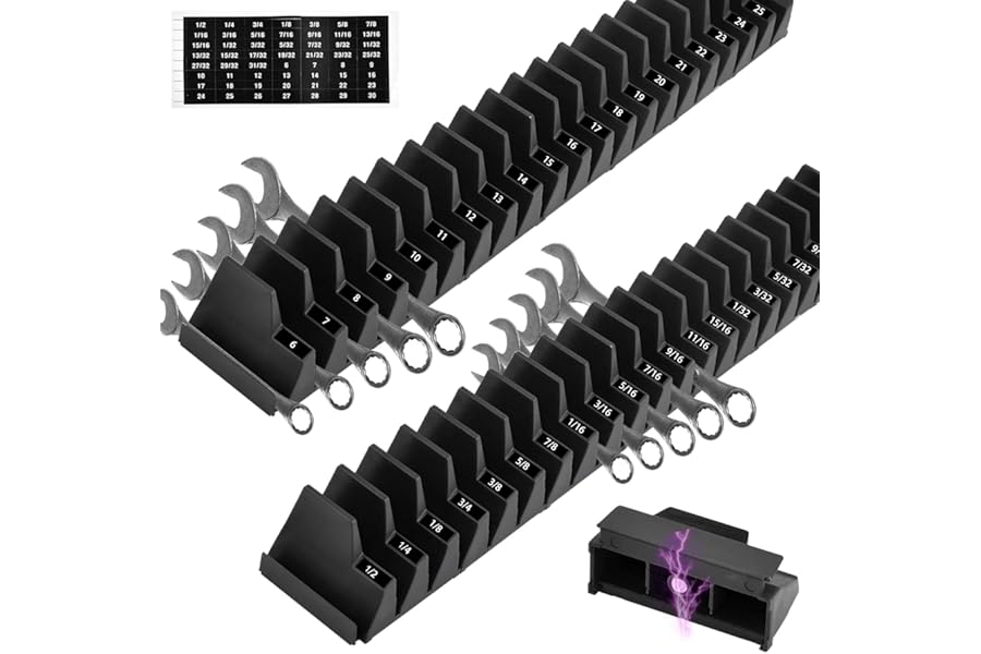 NICEWAT 2 Pack Spanner Organiser, Magnetic Spanner Holder Tool Holder for 46 Wrenches, Modular Wrench Organizer with 2 Labels, Spanner Rack for Tool Box Drawer Storage