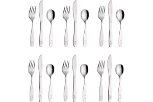 ‎EXZACT EXZACT Kinderbesteck Set 18 Teiliges Edelstahl - Besteck Kinder ab 2 Jahre - Spülmaschinengeeignet Gravurbesteck - 6 x Gabeln, 6 x Sicherheitsmesser, 6 x Esslöffel (Hund Katze Hase x 18)