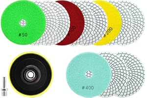 QUEFORET Diamant Polierpads Set 14 Stücke - 12 Stücke 100mm Nass Polierscheiben (Körnung 50/100/200/400 x 3), 1 Stück Polierteller, 1 Stück Adapter für Granit Marmor Quarz Kunststein