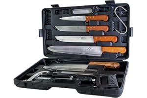 Pradel Excellence - PCOT001008 - Mallette Coutellerie du Chasseur - 5 Couteaux + 1 Fusil d’Affûtage + 1 Scie - Acier Inoxydable - Manches Bois de Rose - 52,5 cm