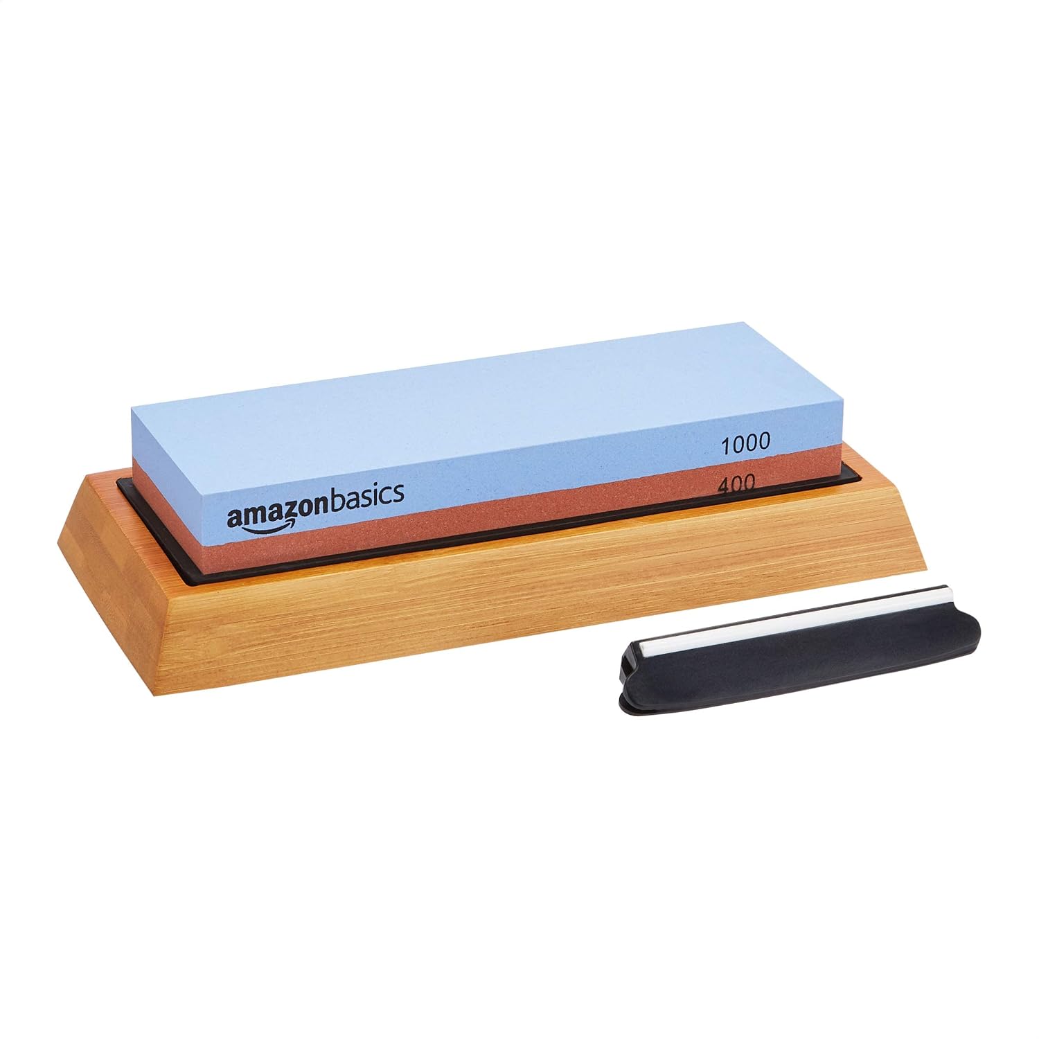 Amazon Basics Piedra de afilar de cuchillos de doble cara, grano 400/1000 con base de bambú antideslizante, color azul y rojo, 18 x 6,1 x 2,8 cm