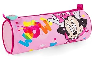 PERLETTI Astuccio Bambina Minnie Mouse Rosa Disney - Portapenne Bimba Fucsia con Zip per Scuola Elementare e Asilo - Bustina Tonda con Stelle Colorate per Matite Penne Pennarelli