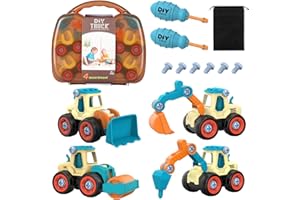 Januts Take-Apart Construction Vehicles Mini Engineering Toy Play Set 4 Pack, Excavator, Road Roller, Bulldozer, Ground Drilling Rig, DIY Building Educational Toys for Boys Girls Kids Dark Blue