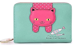 Spldsun Mini Sveglio Della Portafogli, Mini Portafoglio da Ragazza in Ecopelle, Gatto Portafogli Con Cerniera Bifold, Regali Carini per le Ragazze (Verde Chiaro)