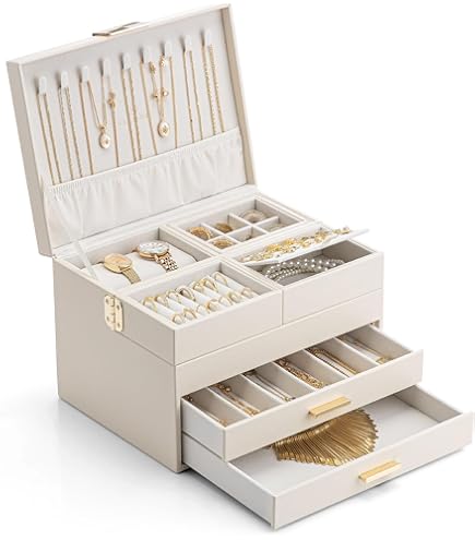 Vlando Cinderella Plus Sieradendoos, groot, sieradendoos met 4 niveaus, sieradenorganizer met glazen deksel, 4 laden, voor halskettingen, oorbellen