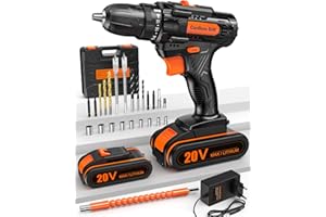 FAHEFANA Taladro Atornillador Bateria 20V, Taladro Inalámbrico con 2 Baterías 2.0Ah, 42 Nm, 18+1 Ajuste de Par, 2 Velocidad, 27 Accesorios, Portabrocas de 10mm, LED Luz, Para Hogar e Bricolaje