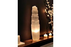 4All Selenite Crystal Lamp Handmade Natural White Selenite Tower Lamp Spiritual Healing Cleanse and Recharge Crystals Table Lamp Meditation Mineral Decoration Gift (30 cm)