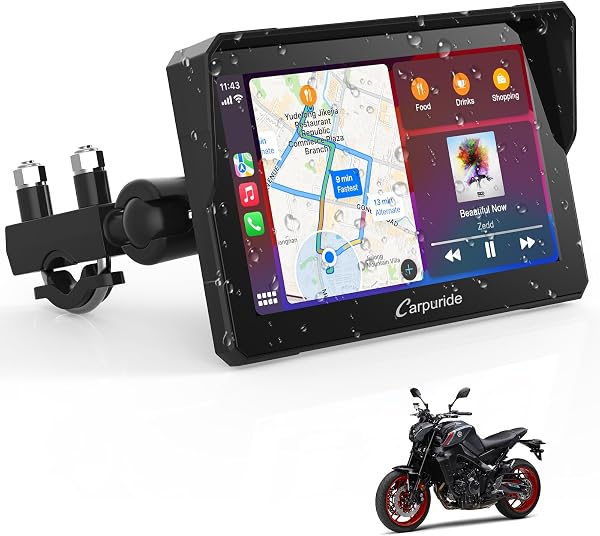 Carpuride W702 Motorrad GPS Carplay Bildschirm, Kabelloses CarPlay und Android Auto, Tragbarer 7 Zoll Wasserdichter Touchscreen, Bluetooth Trans, Navigation, Siri. - 1